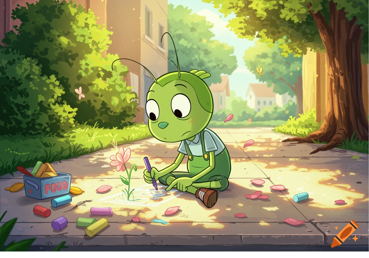 A green cartoon cricket draws a chalk flower on a sunny sidewalk, surrounded by colorful chalk sticks and fallen petals.