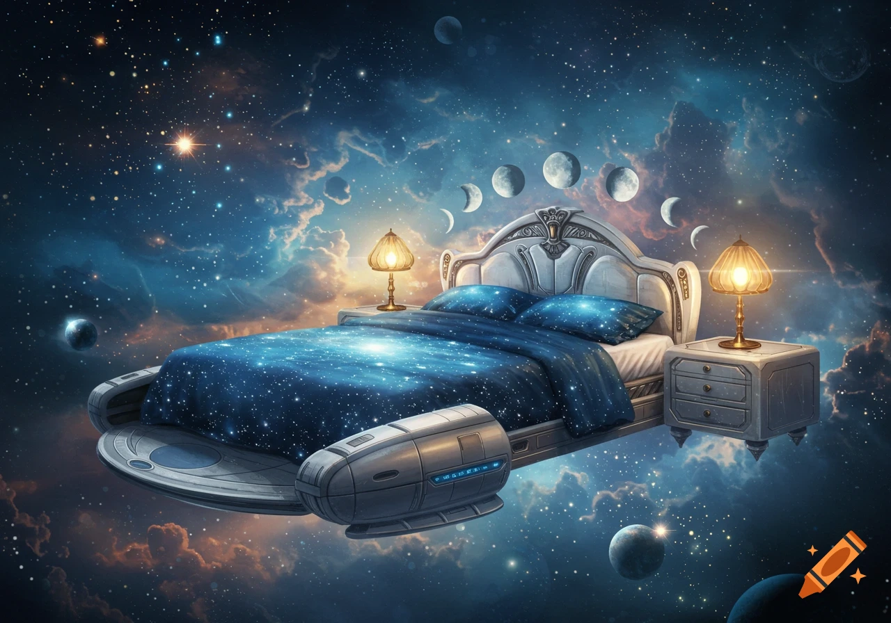 A futuristic bed with starry blue bedding floats in a vibrant space with nebulae, planets, and moon phases.