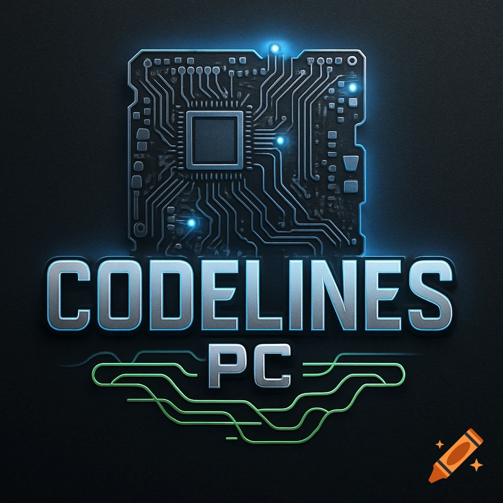 A logo featuring a stylized circuit board glowing blue above metallic text 'CODELINES PC' with a green line design.