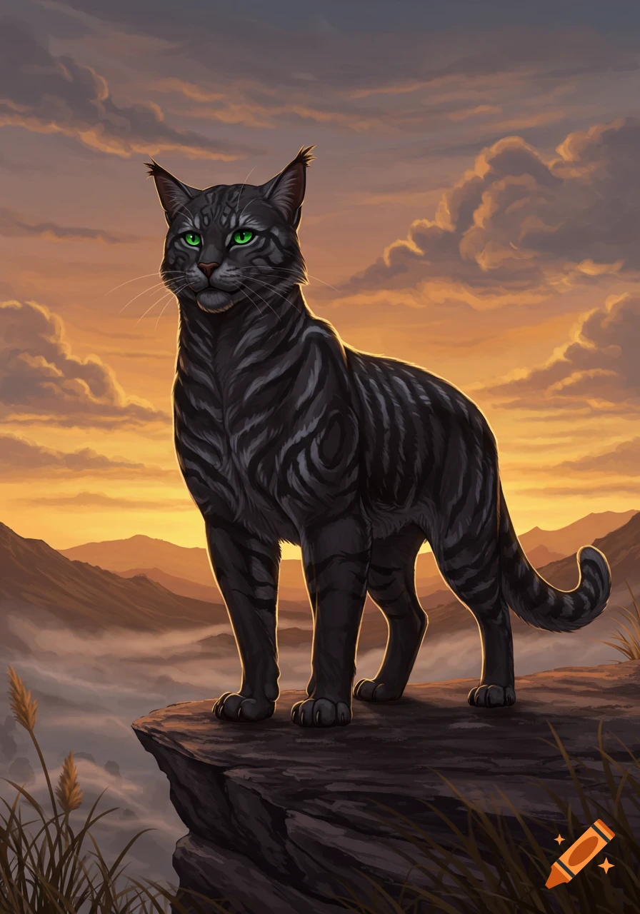 A black tabby cat with striking green eyes stands on a rocky cliff overlooking misty mountains at sunset in a painted style.
