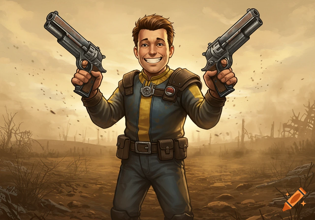 Cartoon illustration of a smiling Pip-Boy character holding two pistols in a post-apocalyptic wasteland.