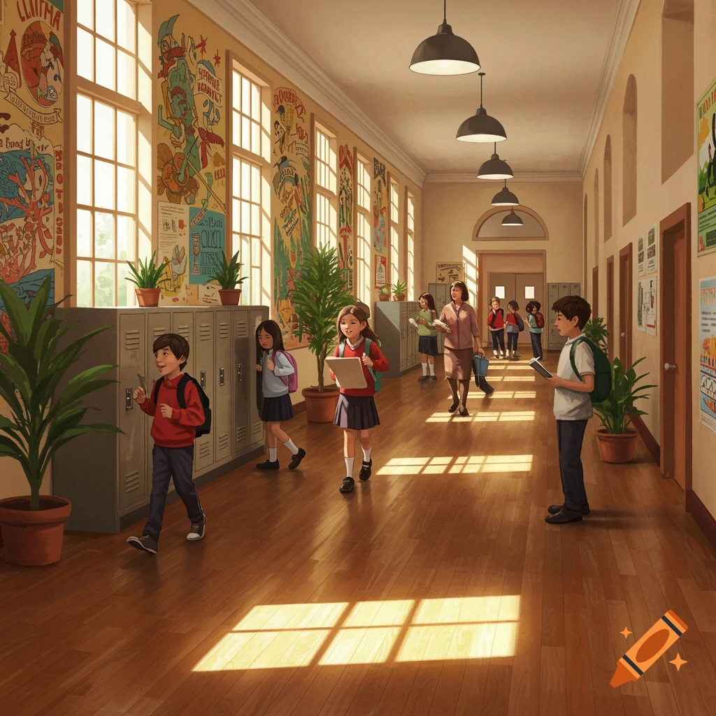Children and a teacher walk through a sunlit school hallway with lockers and colorful posters, illustrating a typical school day.