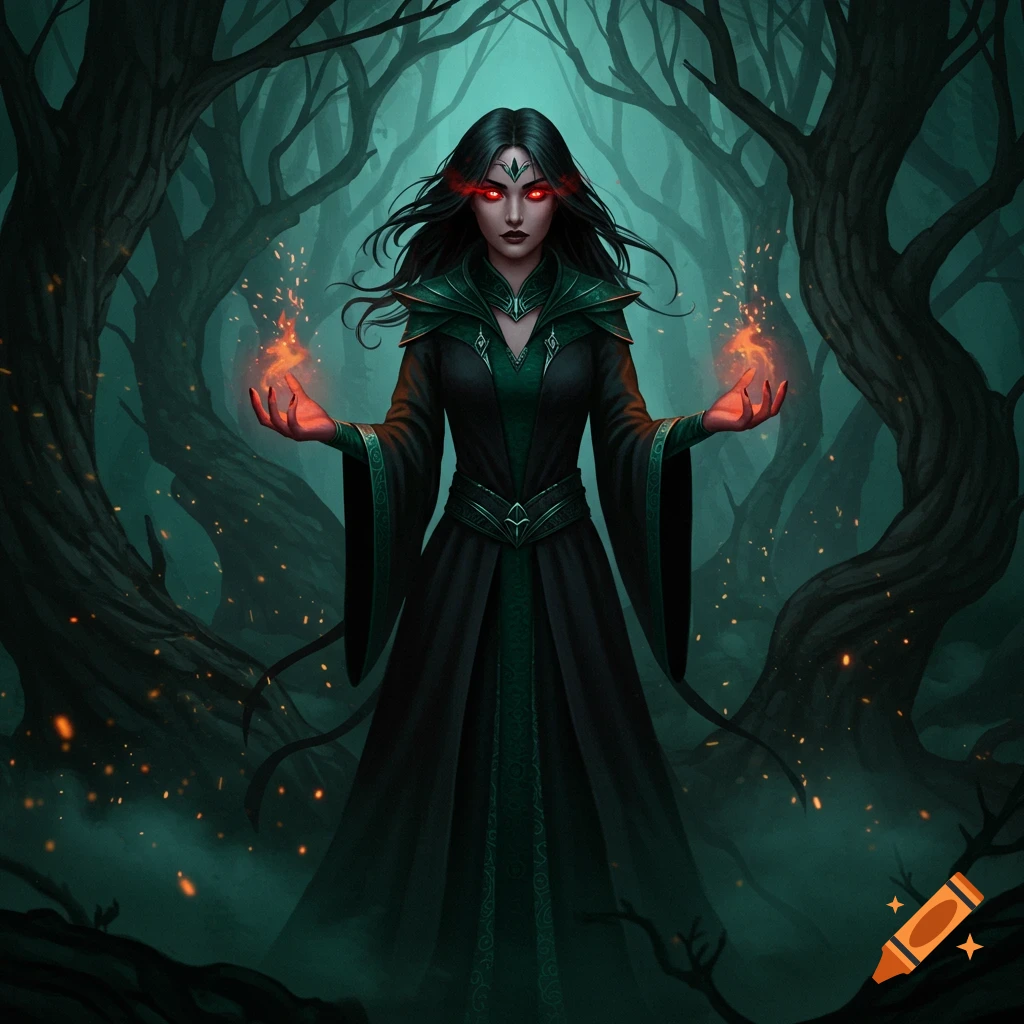 A dark witch with glowing red eyes in a black robe conjures fire in a misty, dark fantasy forest.