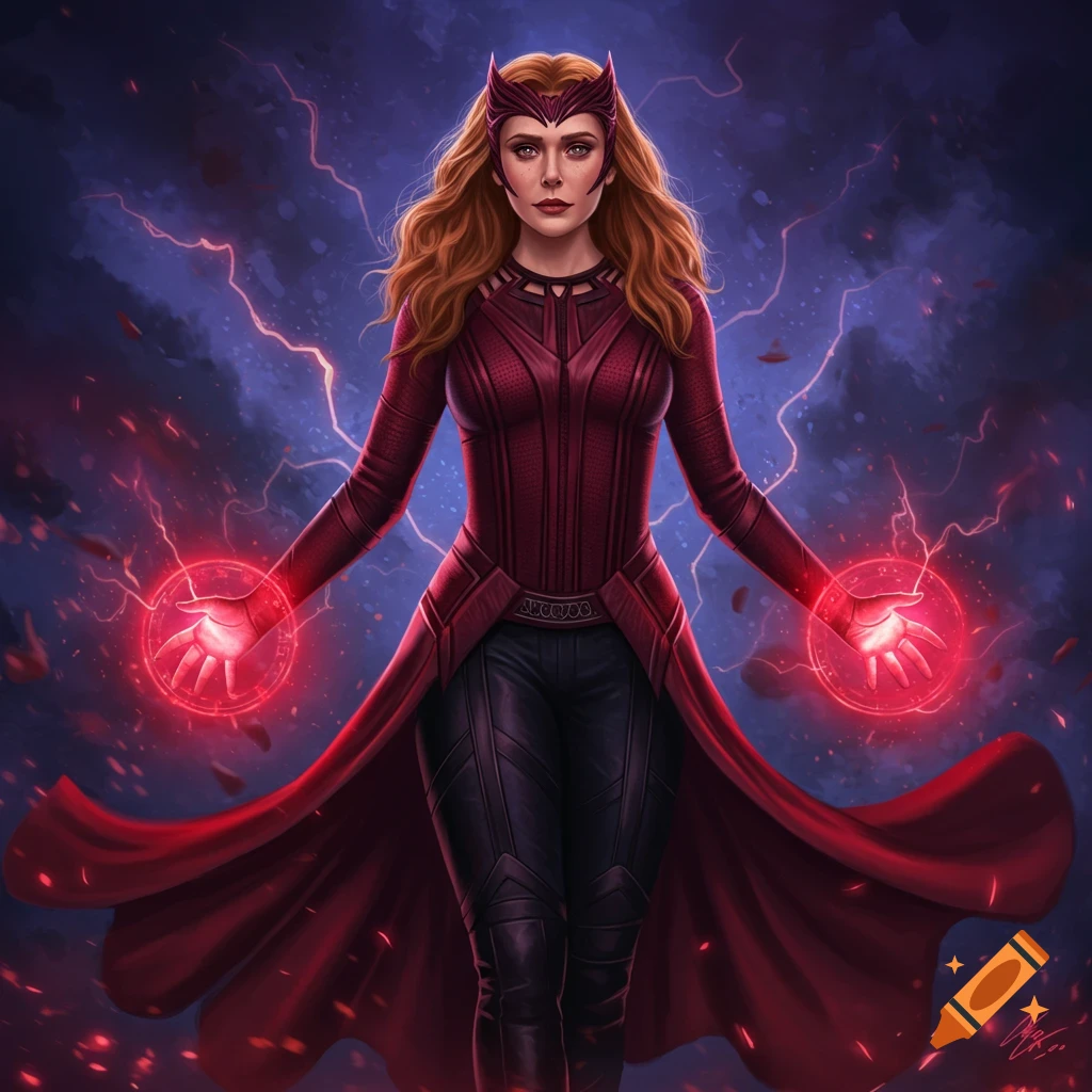 Scarlet Witch in her red costume, hands glowing with crimson energy against a dark, stormy background with lightning.