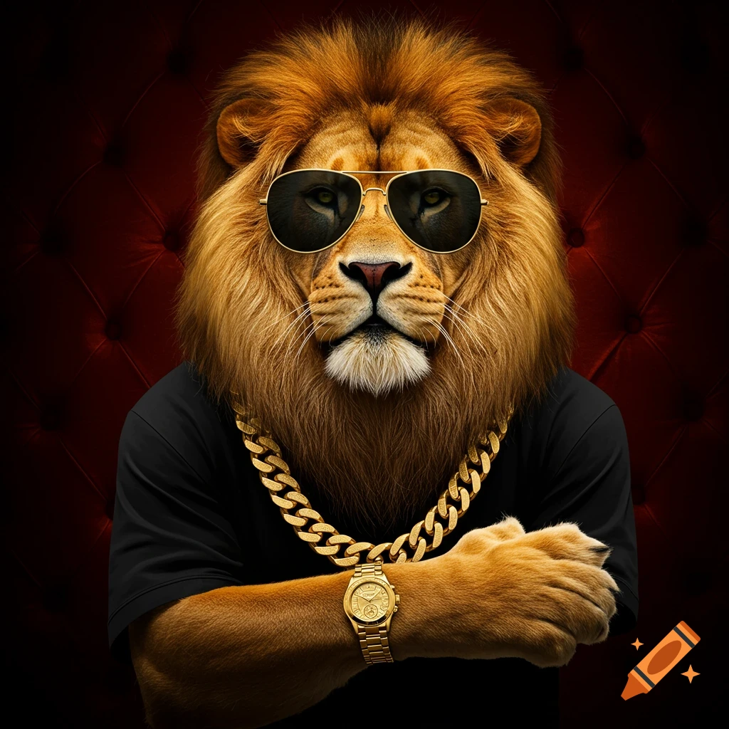 A photorealistic lion wearing aviator sunglasses, a thick gold chain, and a gold watch, against a dark red tufted background.