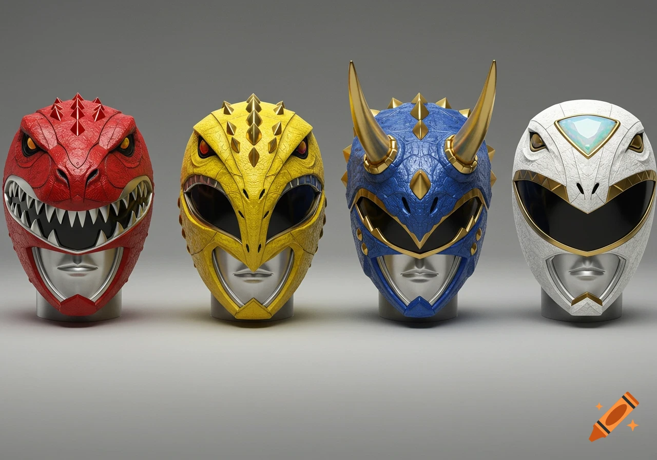 Four detailed Power Rangers-style dinosaur-themed helmets in red, yellow, blue, and white, with gemstone accents, on a gray background.