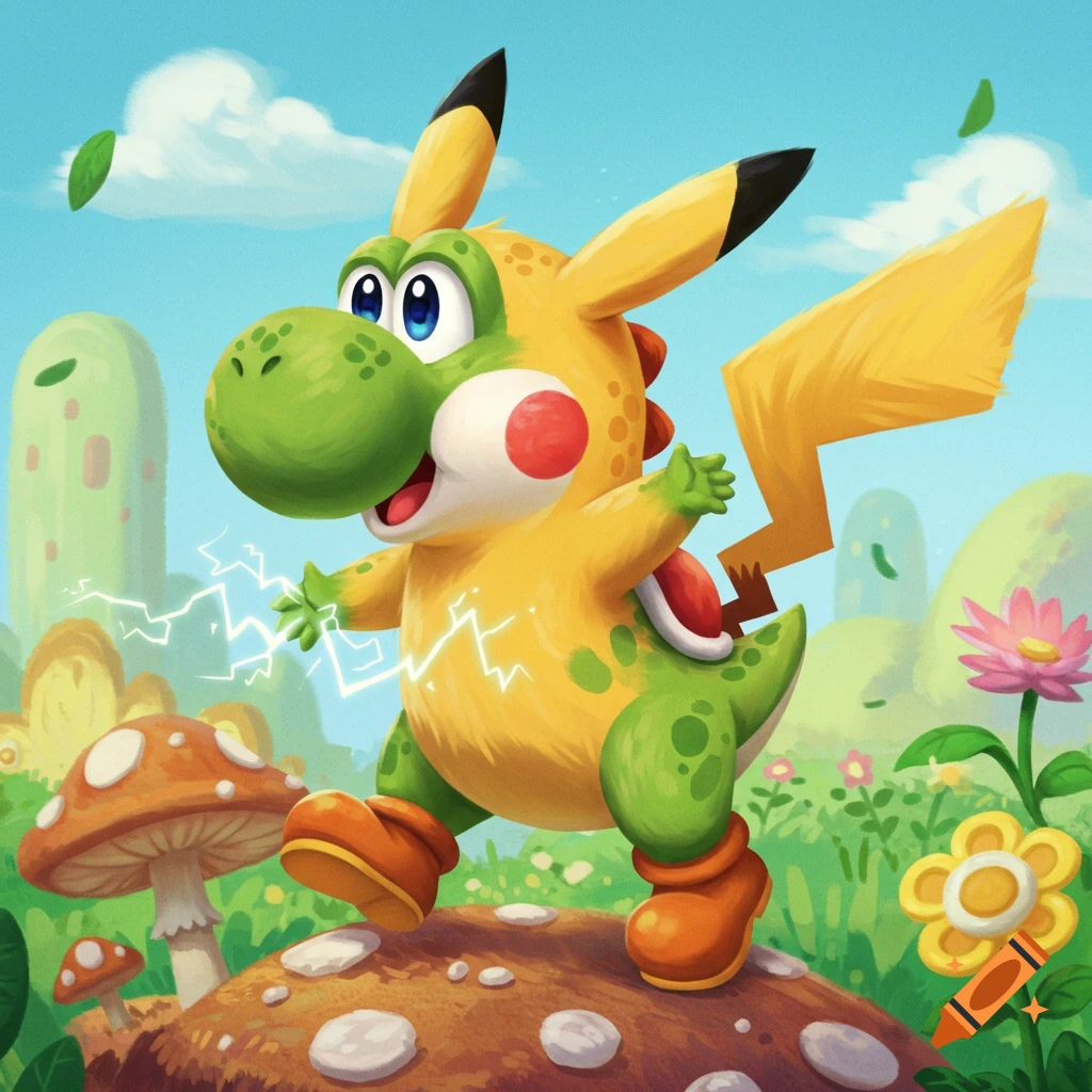 A yellow and green Yoshi-Pikachu hybrid with lightning bolts stands on a mushroom in a cartoon landscape.
