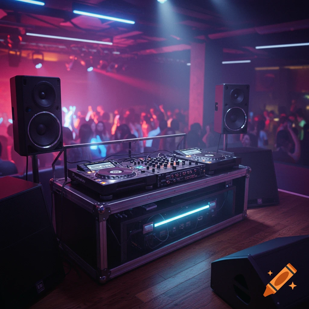 A detailed DJ booth with turntables, mixer, and large speakers on a stage, bathed in red and blue lights, with a blurred crowd dancing in the background of a nightclub.