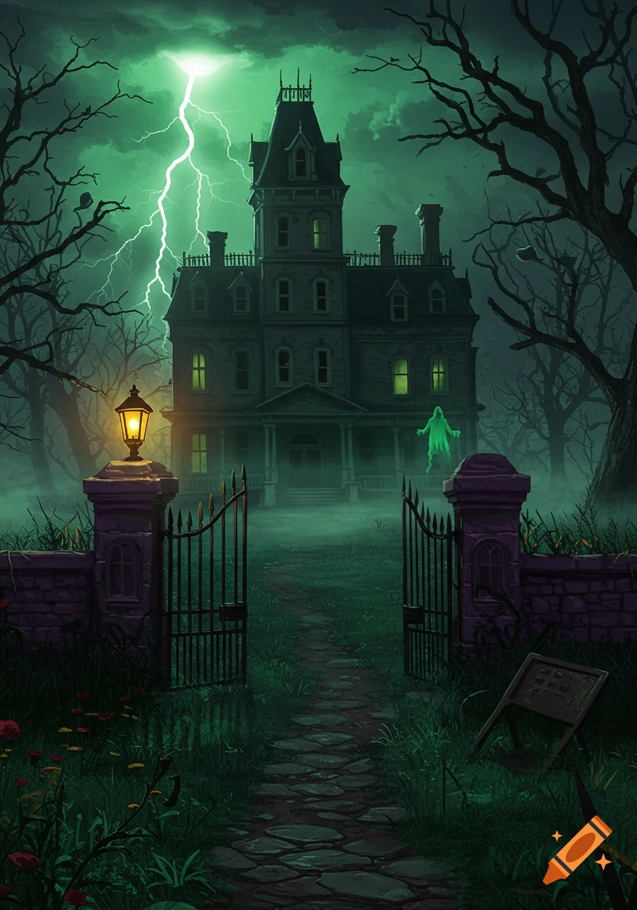 A spooky, ghoulish green haunted mansion at night, with lightning striking above, a glowing ghost, and barren trees in thick fog.