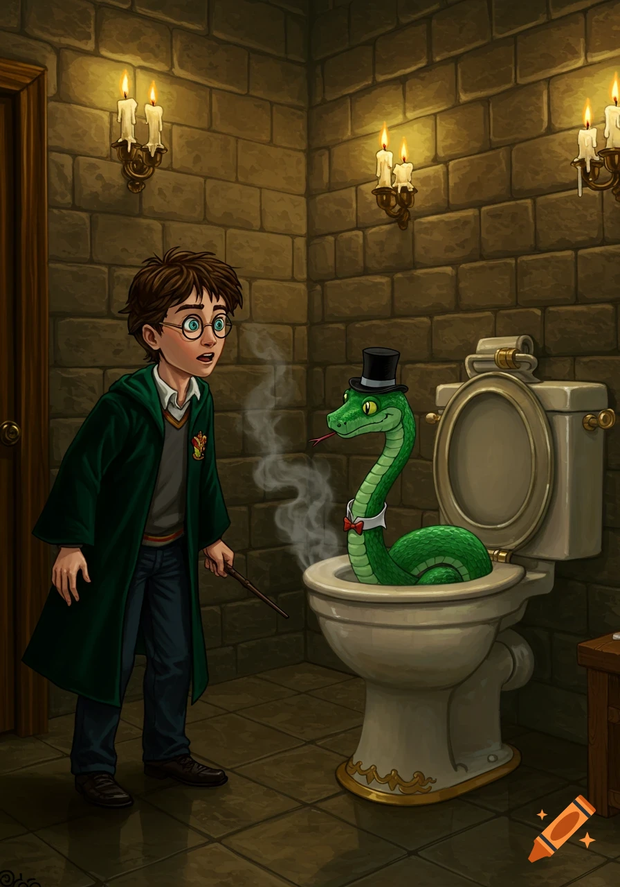 Cartoon Harry Potter stares at a green snake in a top hat and bowtie emerging from a toilet in a stone bathroom.