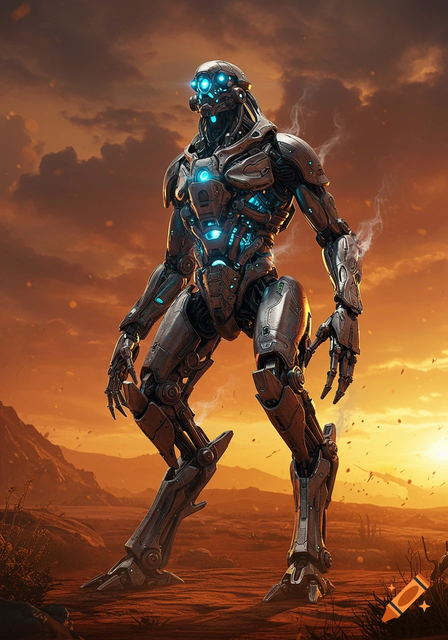 A detailed, metallic automaton with glowing blue lights stands in a desolate, orange-hued alien landscape under a cloudy sunset.