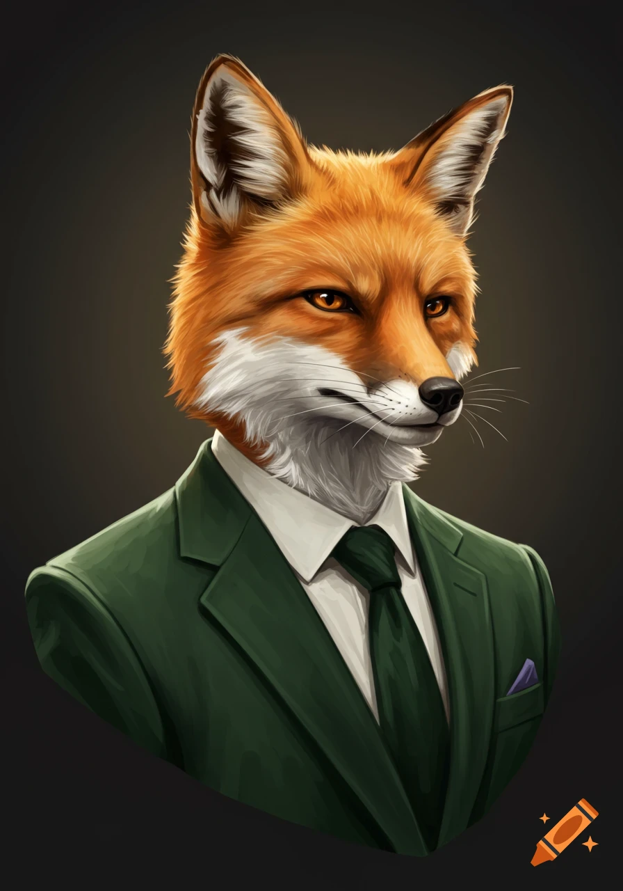 A painterly, realistic illustration of an anthropomorphic fox wearing a green business suit with a confident expression.
