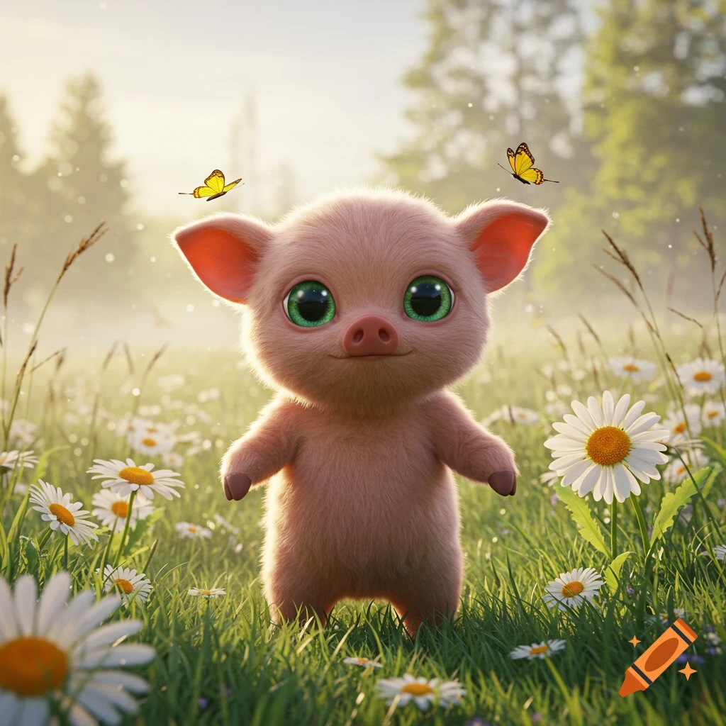 A cute, fluffy, big-eyed cartoon piglet stands in a sunlit field of daisies with two yellow butterflies.