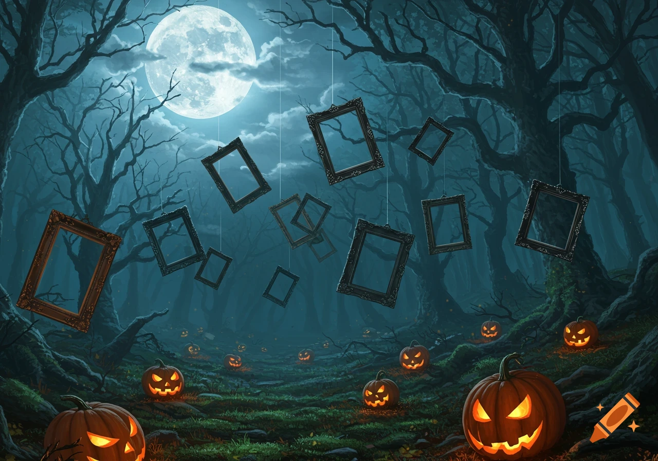 Hyperrealistic eerie Halloween forest at night with a full moon, twisted trees, glowing jack-o'-lanterns, and floating ornate picture frames.