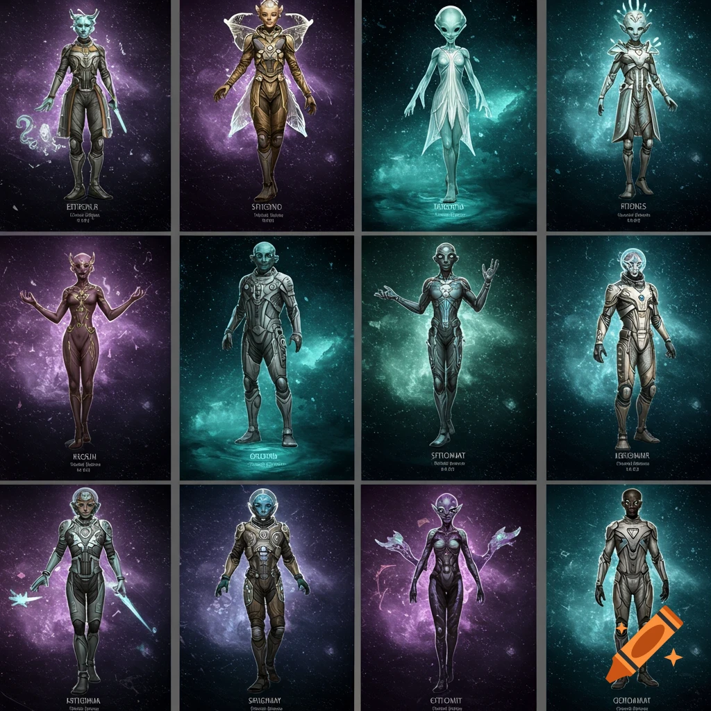 Twelve distinct alien character designs, full-body, in futuristic suits and flowing garments, set against vibrant galaxy backgrounds.