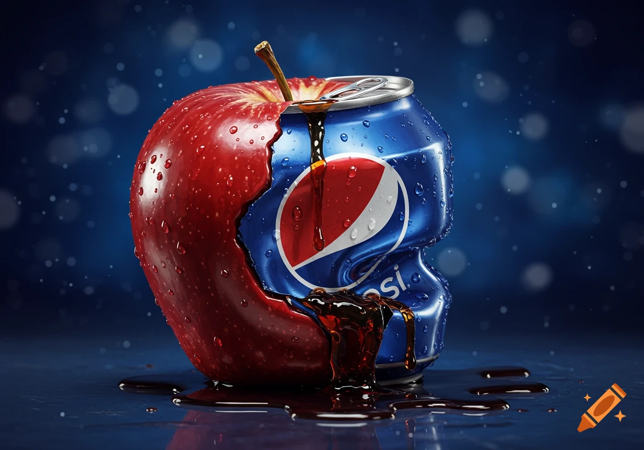 Photorealistic image of a red apple merging with a crumpled Pepsi can, cola spilling out, on a wet blue surface.