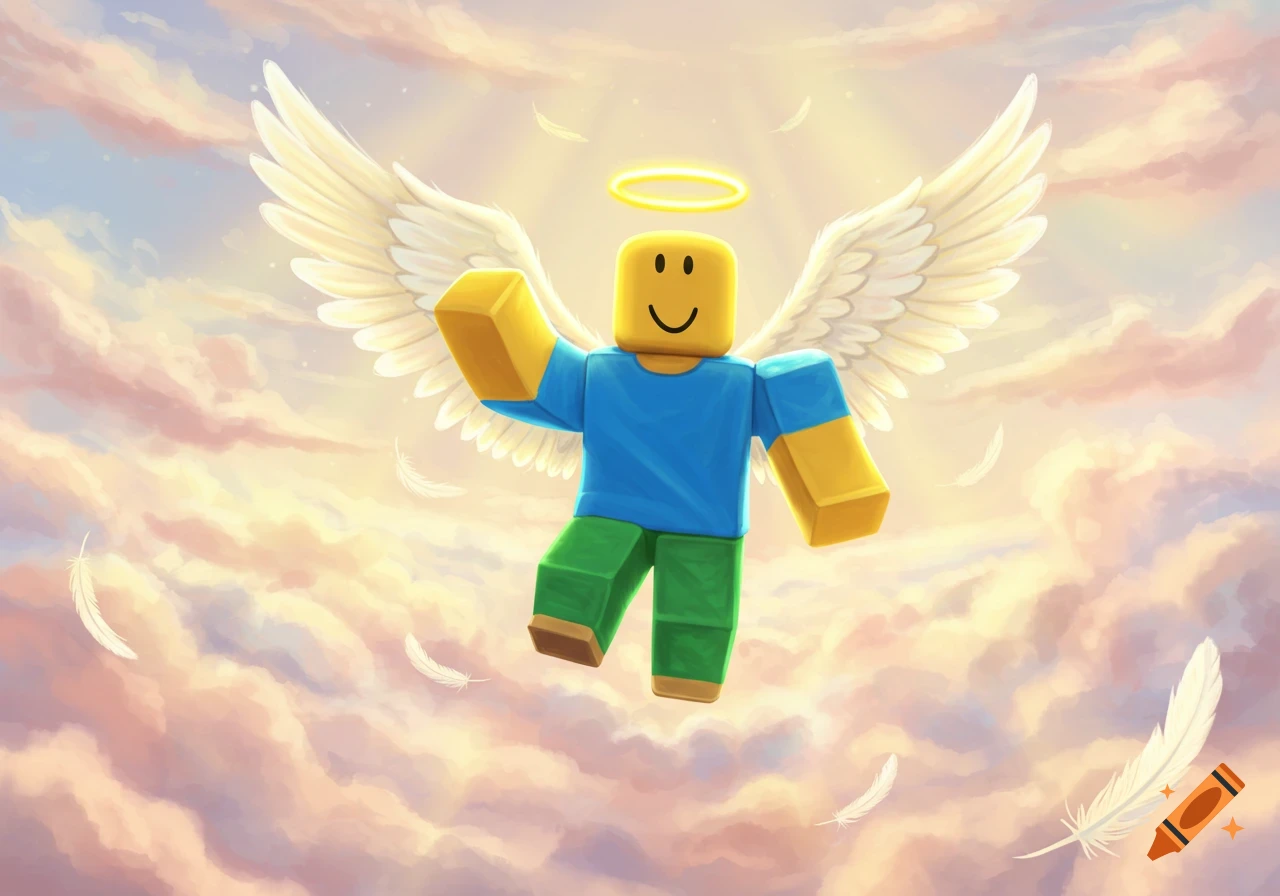 A smiling Roblox character with angel wings and a halo floats in a heavenly sky with clouds and falling feathers.