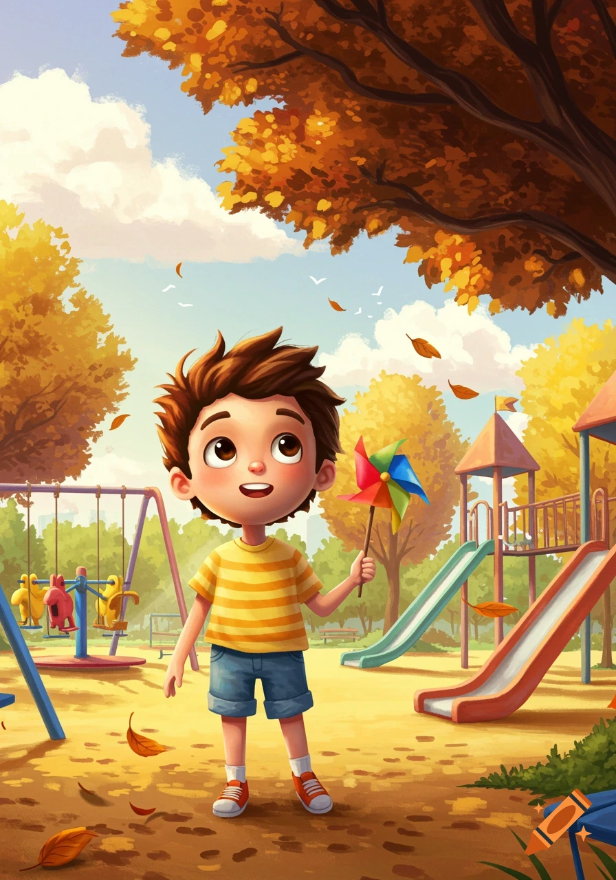 A cheerful cartoon boy holding a colorful pinwheel in an autumn playground with trees and slides.