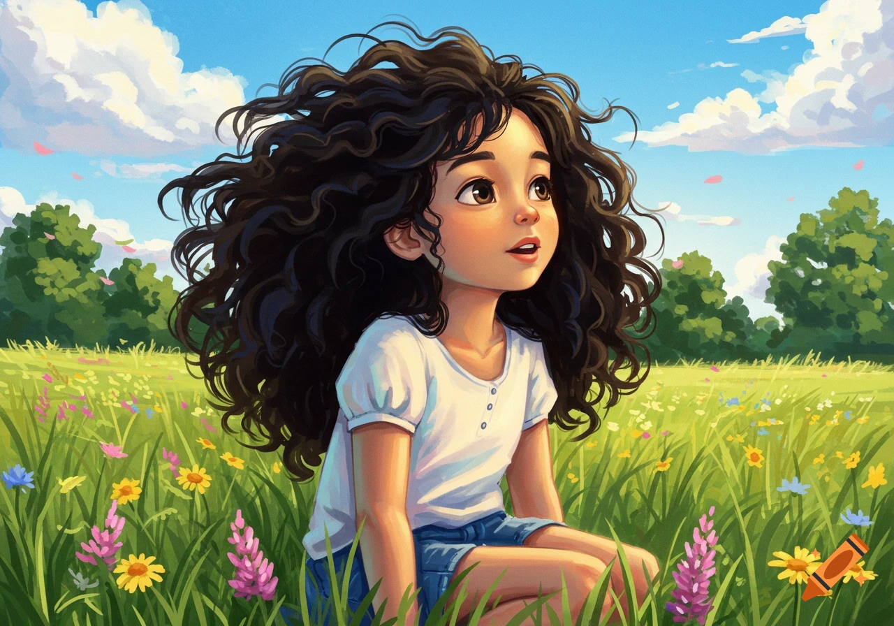 An illustrated young girl with black curly hair sits in a sunny field with wildflowers, looking up at the blue sky.