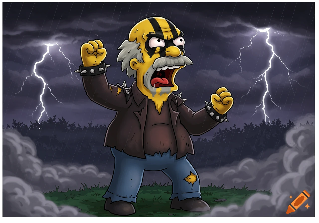 Cartoon Grandpa Simpson with black and yellow metal face paint, torn clothes, shaking fists in a stormy, lightning-filled night.