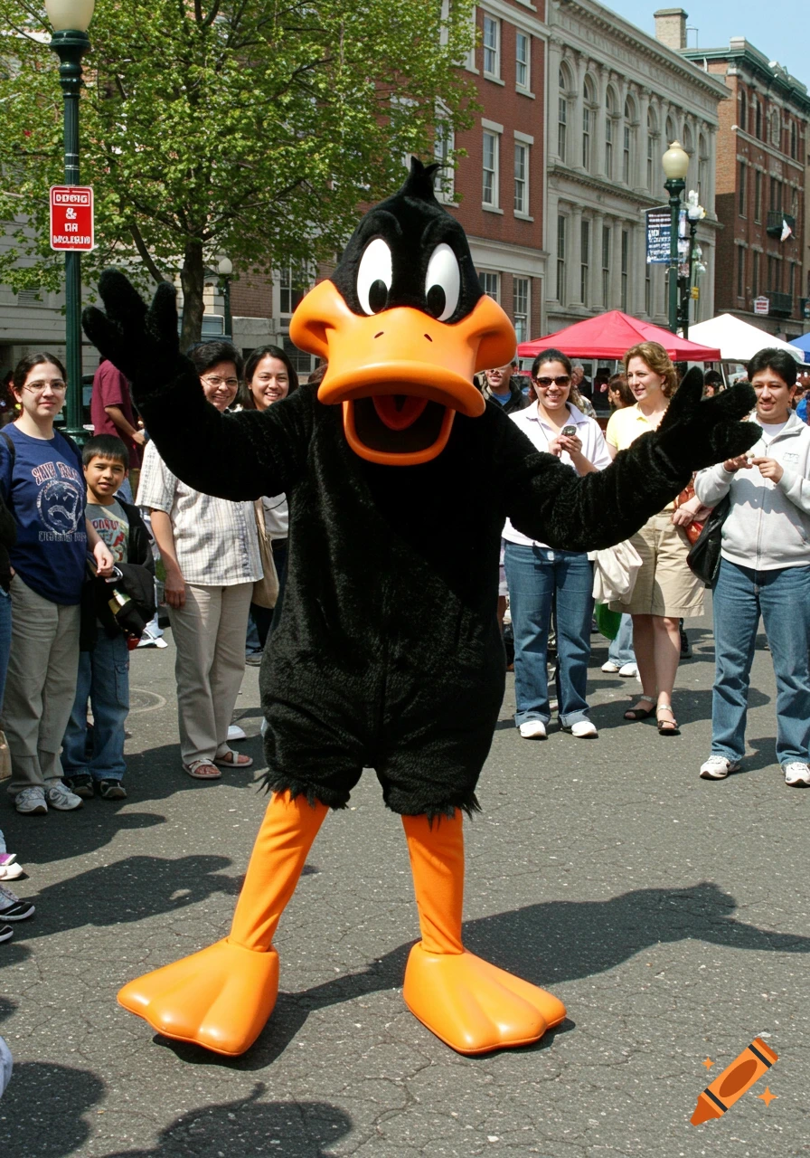 Daffy Duck mascot stands on a street surrounded by people and buildings under a sunny sky.