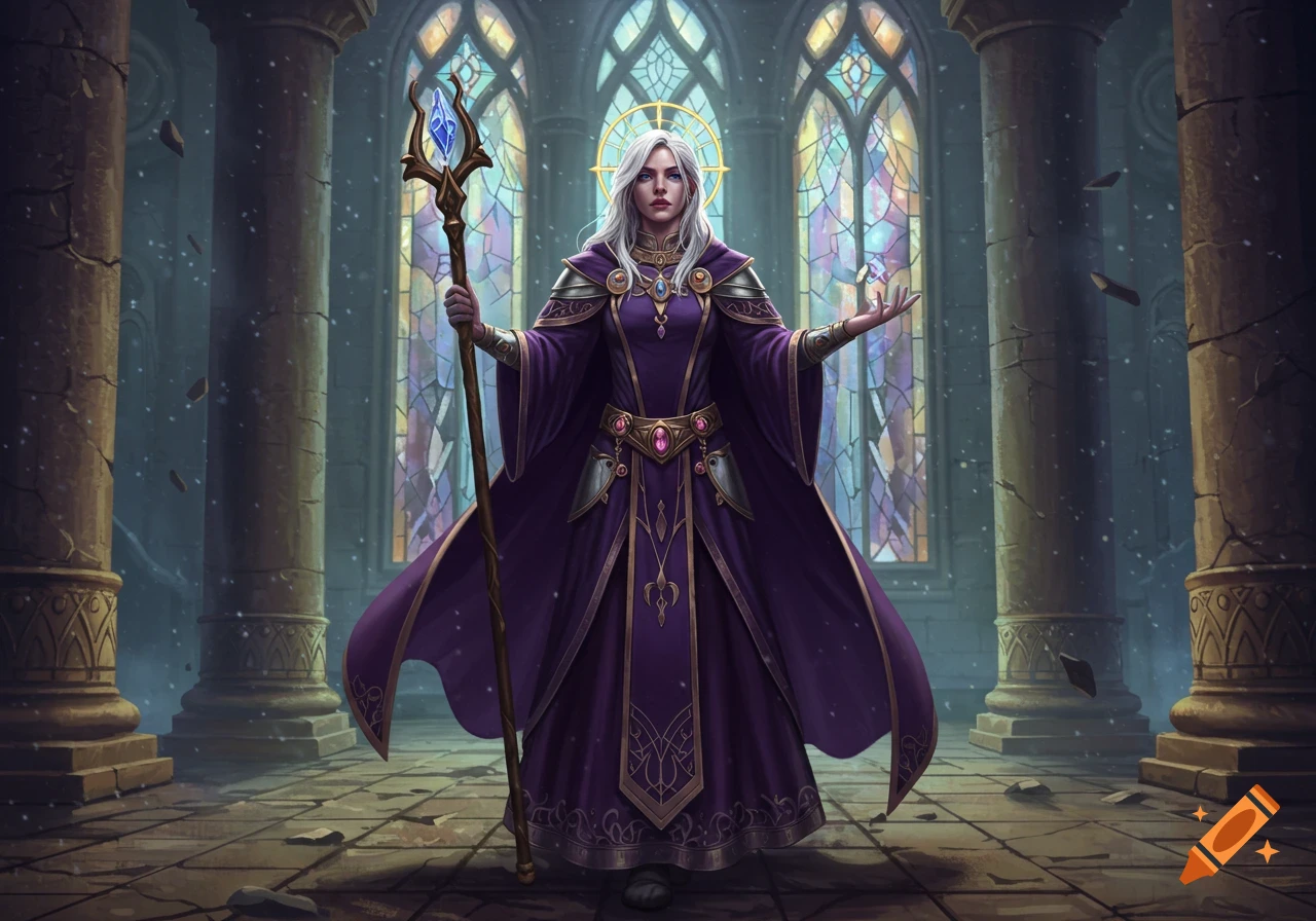 Silver-haired cleric woman in a purple robe holds a staff in a ruined temple with stained-glass windows, fantasy art.