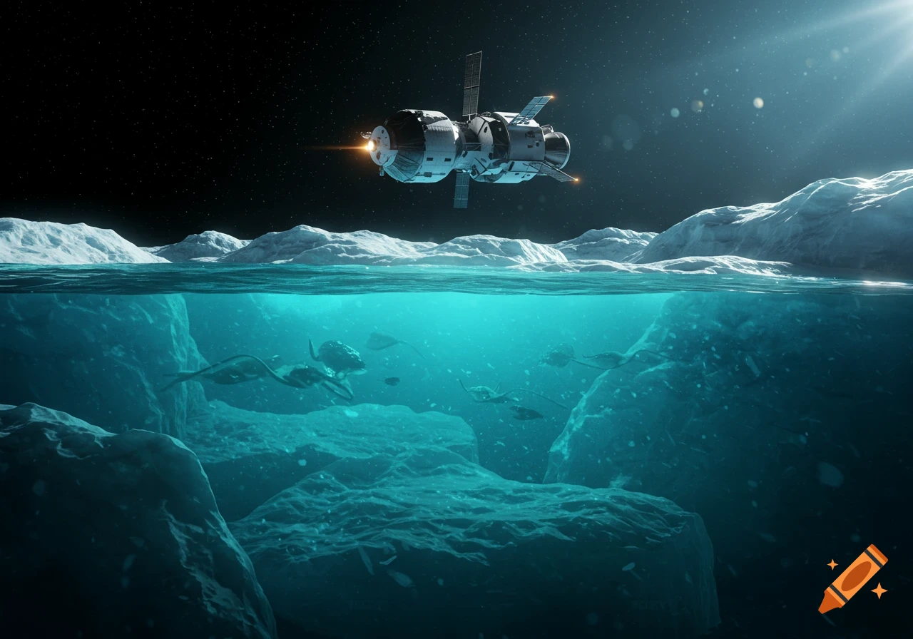 A NASA spacecraft hovers above Europa's icy surface, with glowing alien life swimming in the turquoise ocean beneath the ice. Realistic sci-fi style.