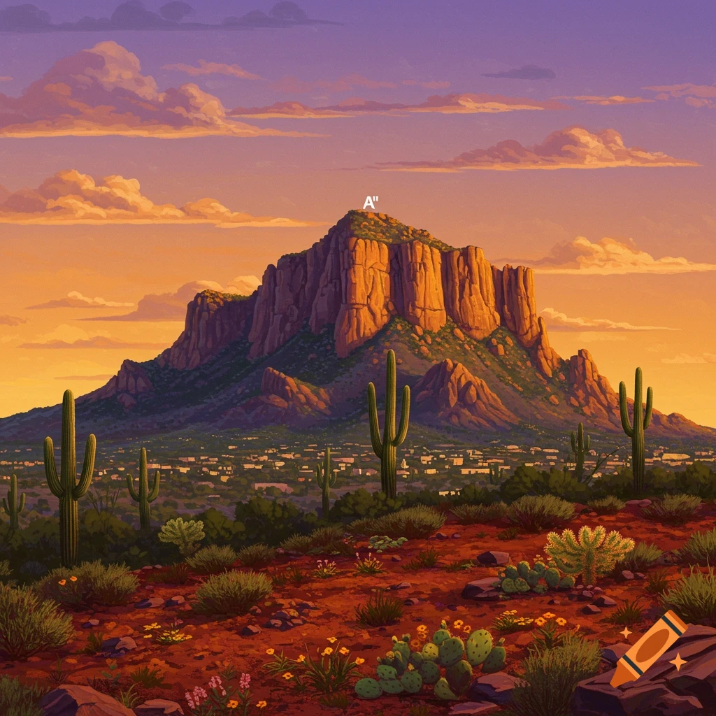 A vibrant digital painting of a desert landscape at sunset, featuring saguaro cacti, a prominent rocky mountain, and a town nestled below, under an orange and purple sky with clouds.