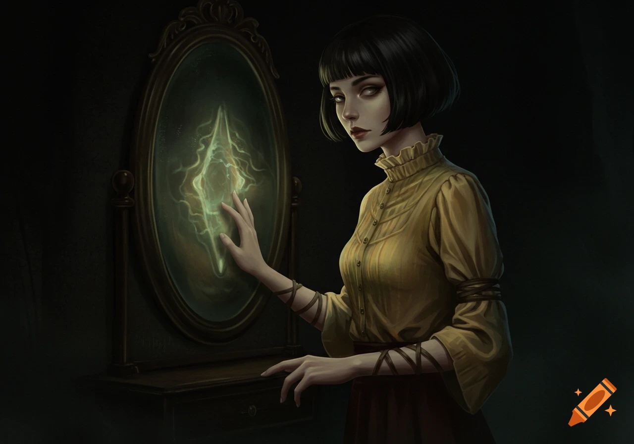 A pale woman with a bob cut in a ruffled blouse reaches to touch an antique mirror glowing with green, mystical energy in a dark, eerie setting.