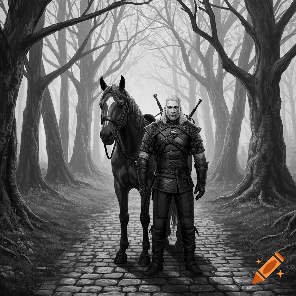 Geralt of Rivia and his horse stand on a cobblestone path in a misty, black and white forest illustration.