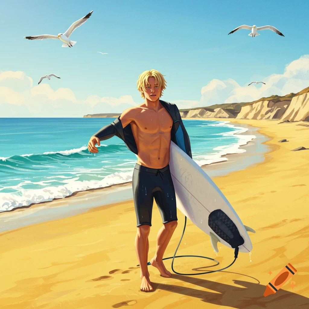 Young blond surfer with wetsuit half-off holding a surfboard on a sunny beach with seagulls and cliffs.