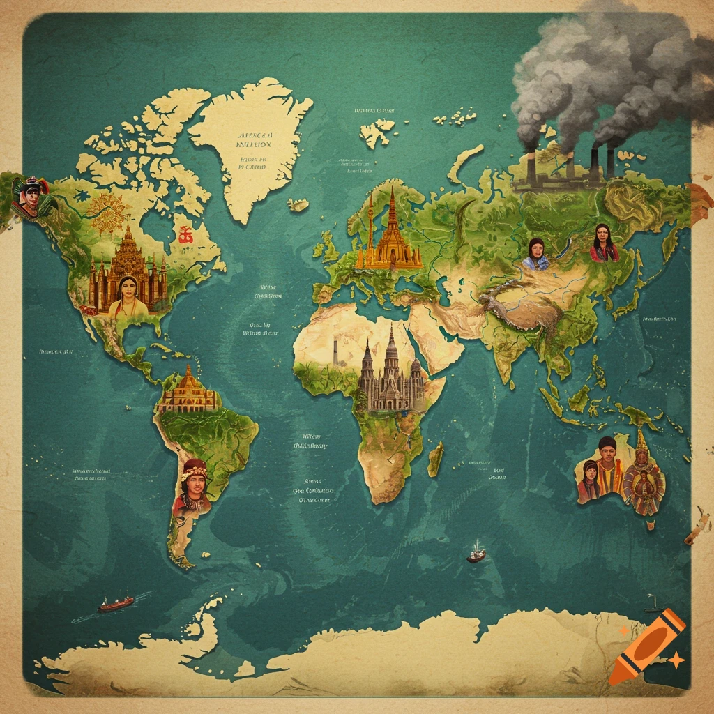 A vintage-style world map featuring various cultural landmarks, diverse ethnic groups, and symbols of pollution, set on a blue-green ocean.