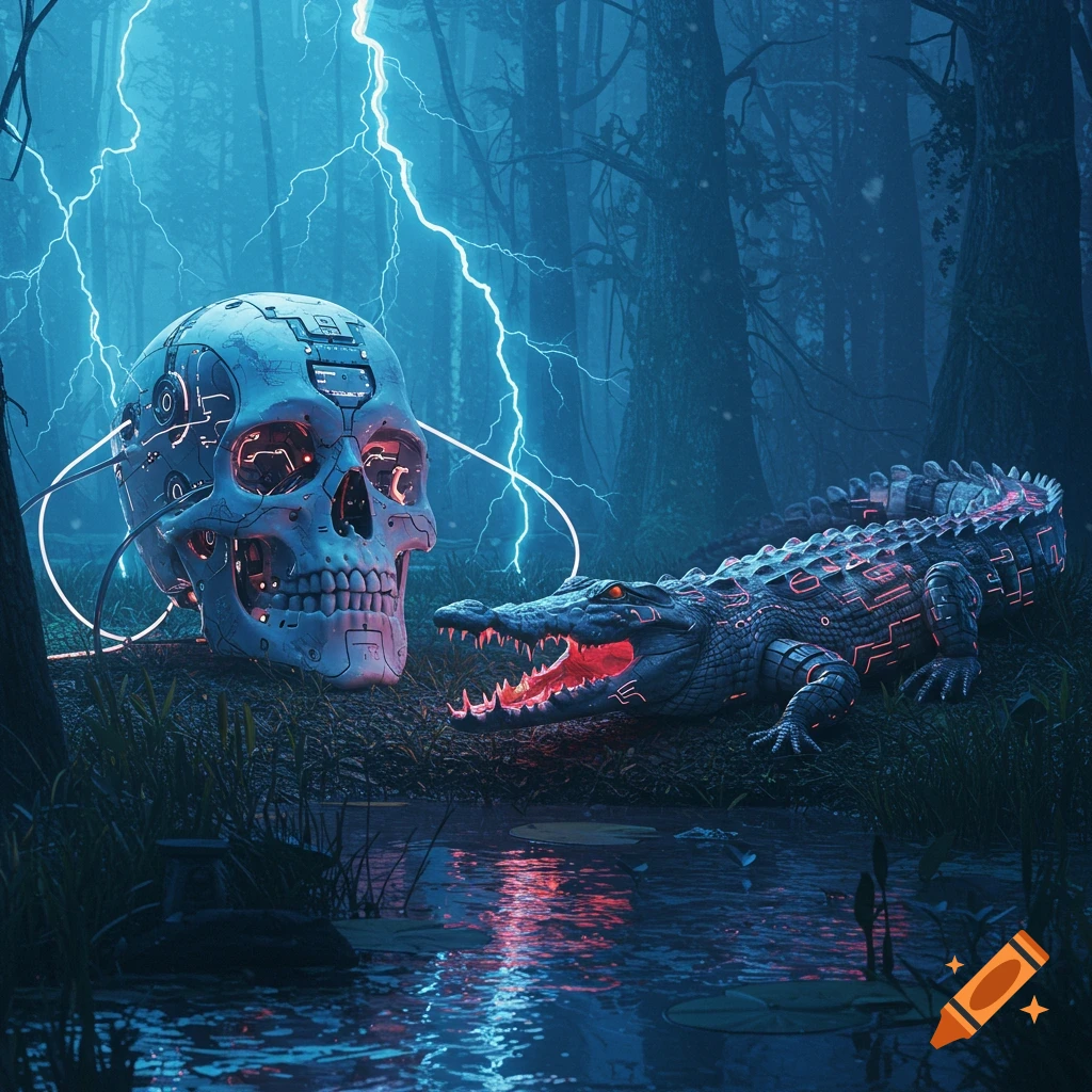 A glowing cybernetic skull and robotic alligator face off in a dark, lightning-streaked swamp with water reflections.