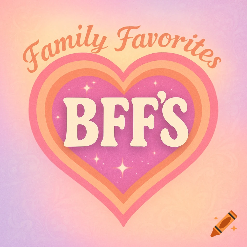 Retro heart graphic with 'Family Favorites' and 'BFF'S' on a pink, orange, and purple gradient background.