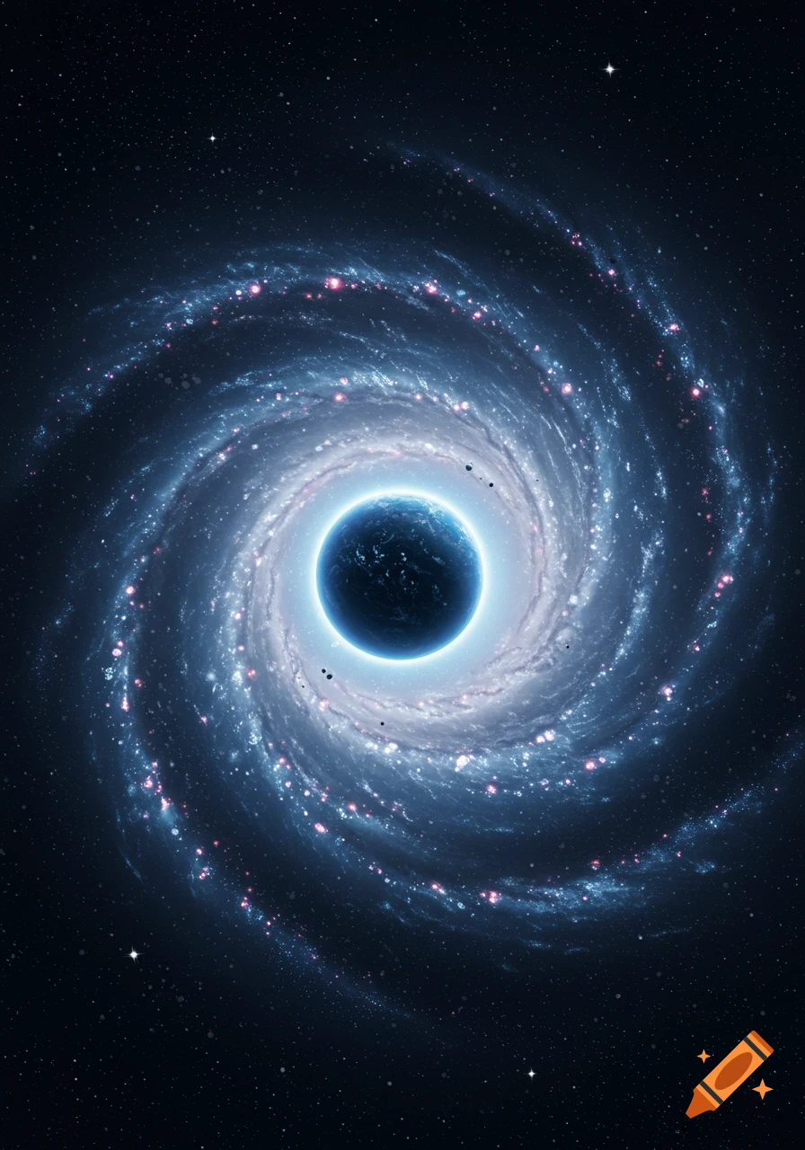 A vibrant blue planet glows at the center of a swirling spiral galaxy in a dark, star-filled cosmic background.