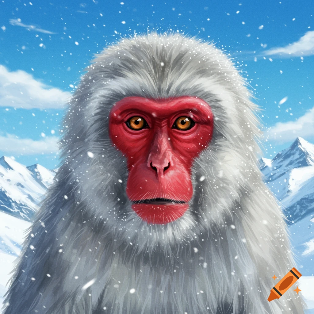 Close-up illustration of a Japanese snow monkey with a red face and white fur in a snowy mountain landscape.