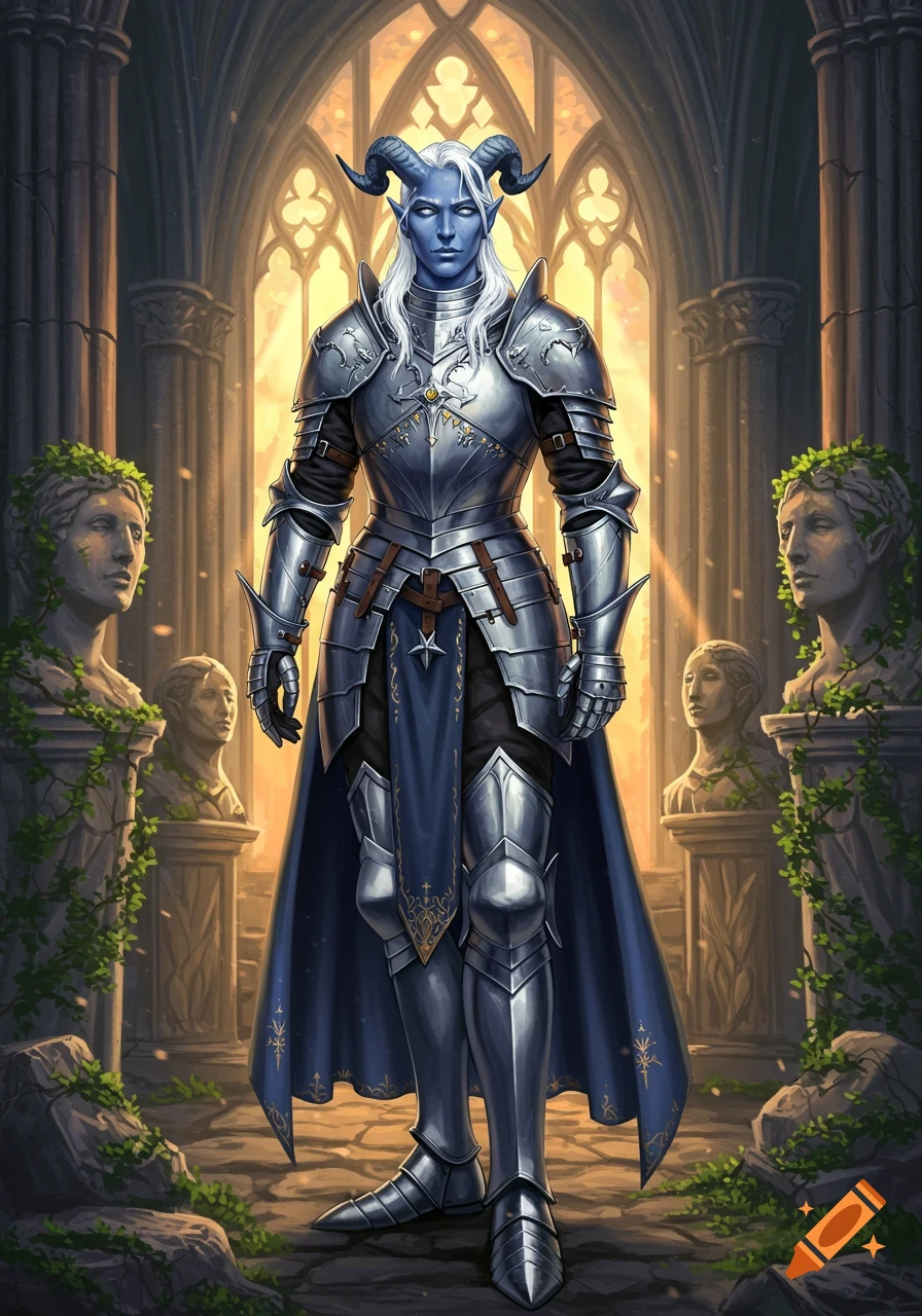 A light blue-skinned tiefling with white hair stands in shiny knight armor and a blue cape inside a grand stone hall with archways and vine-covered statues.