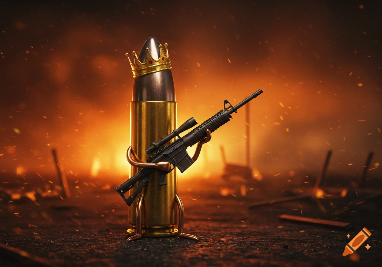 A stylized bullet shell wearing a gold crown, holding a black automatic rifle with a scope, against a fiery, battle-like background.