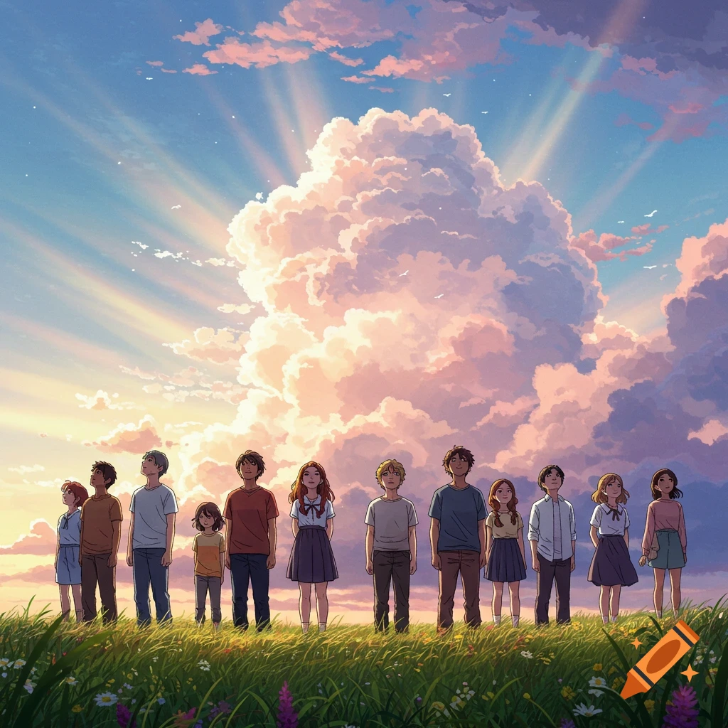 Anime youth stand in a field, looking up at a bright sky with large, colorful clouds and sun rays.