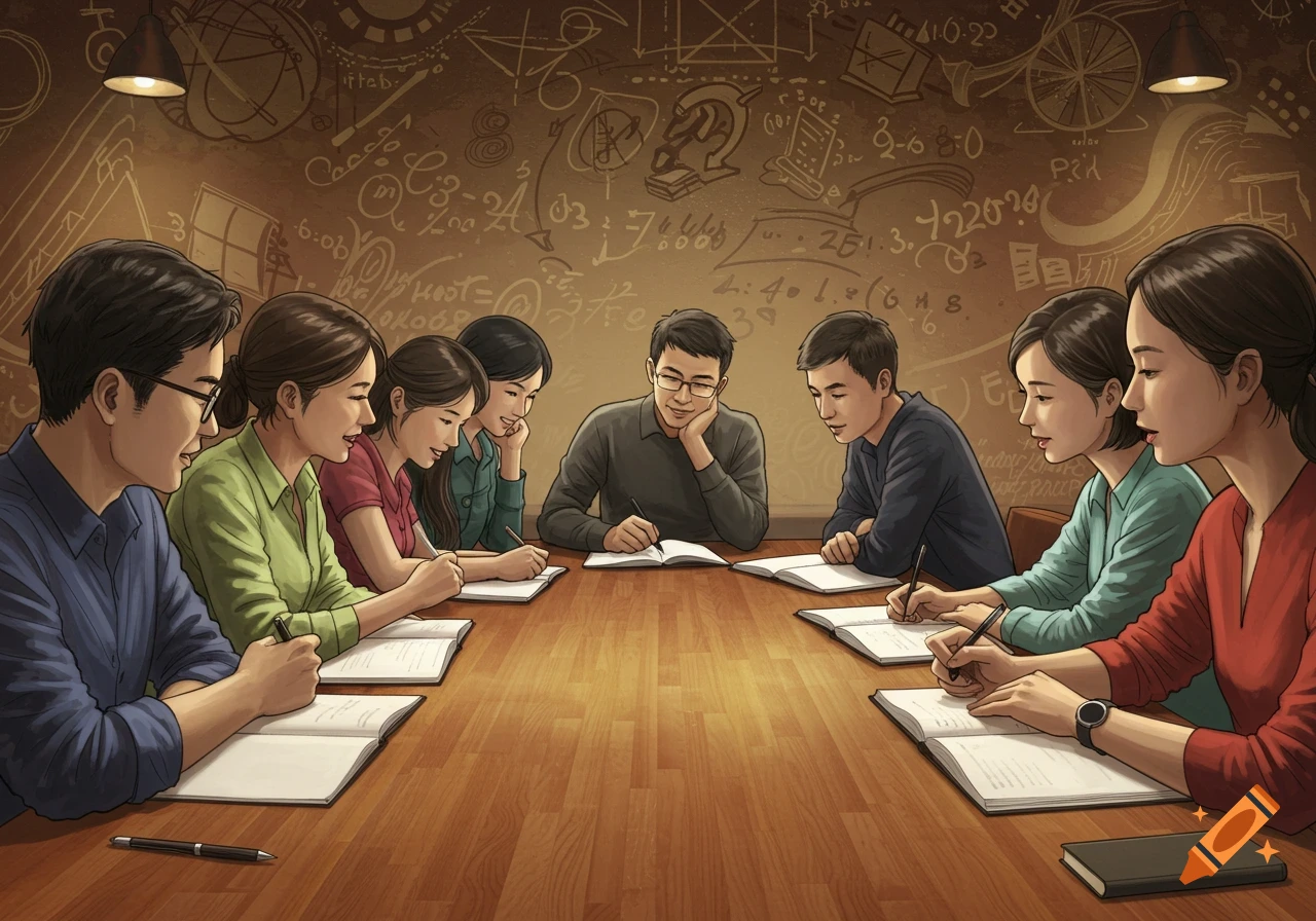 Stylized drawing of adult students gathered around a table, writing in notebooks while studying, with equations on the wall.