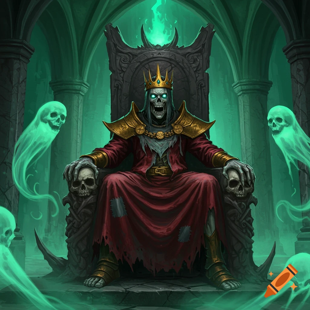 A skeletal king with a gold crown and red robe sits on a dark throne, surrounded by glowing green ghosts in a spooky, green-lit chamber.