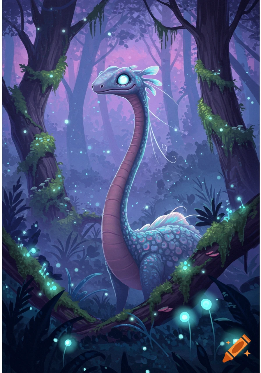 A cute, long-necked blue fantasy creature with glowing eyes stands in a vibrant, magical forest with bioluminescent plants.