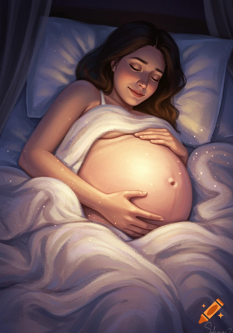 A smiling pregnant woman lies in bed at night, gently holding her glowing belly, in a soft, illustrative style.