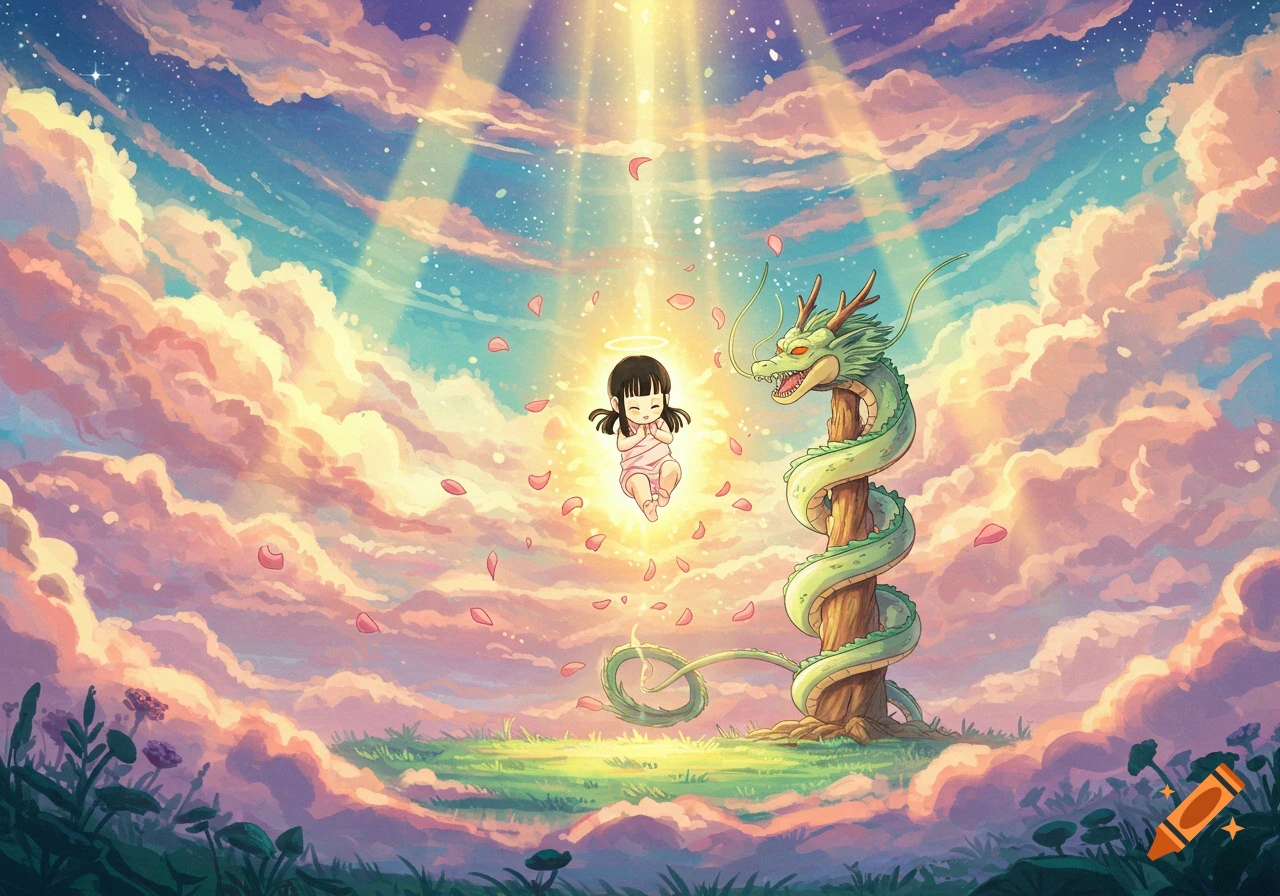 A baby with a halo floats surrounded by light and rose petals, next to a green dragon on a tree, set in a dreamy sky with pink clouds. Anime style.