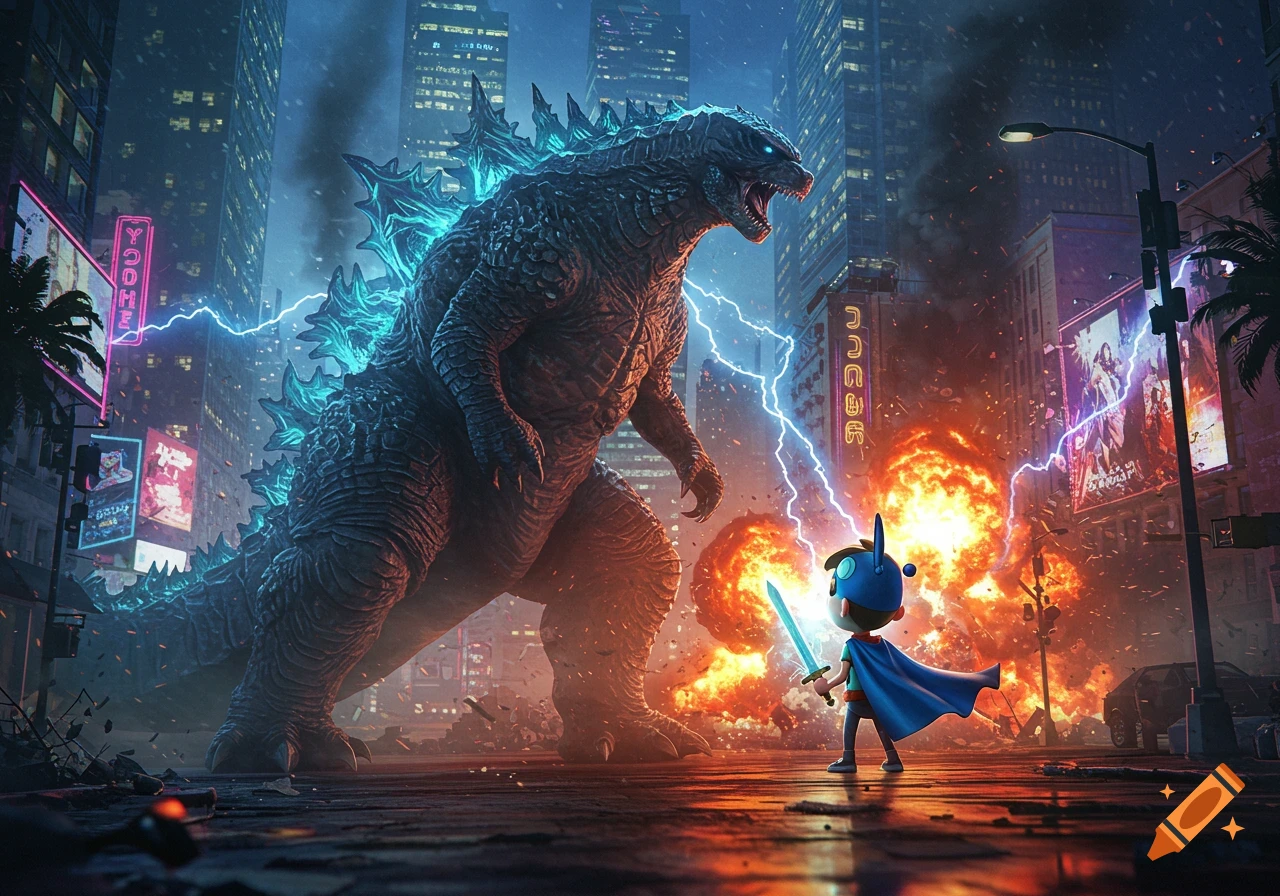 A giant Godzilla-like monster with glowing blue spines battles a small cartoon boy in a blue cape and sword amidst city destruction and explosions at night.