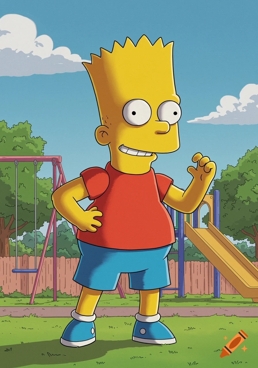 A cartoon character resembling Bart Simpson stands smiling in a sunny playground.
