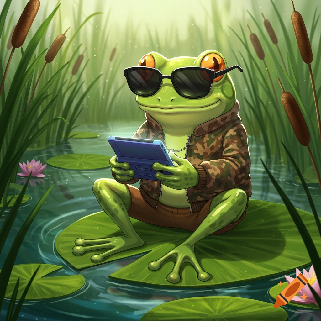 Anime frog in sunglasses and camo jacket playing a handheld game console on a lily pad in a pond.