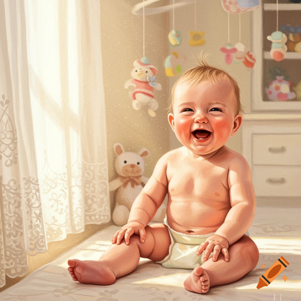 A smiling baby sits on a blanket in a sunlit nursery, wearing a diaper, with a mobile and a teddy bear in the background.