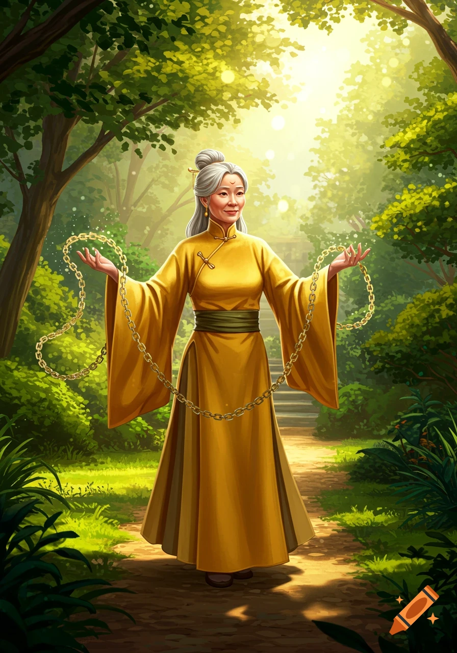 Digital illustration of an elderly Asian woman in a yellow robe, holding glowing golden chains in a lush, sunlit forest.