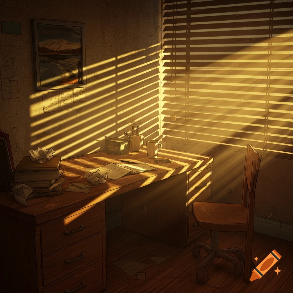 Sunlight streams through closed window blinds into an empty room with a wooden desk, chair, and framed art.